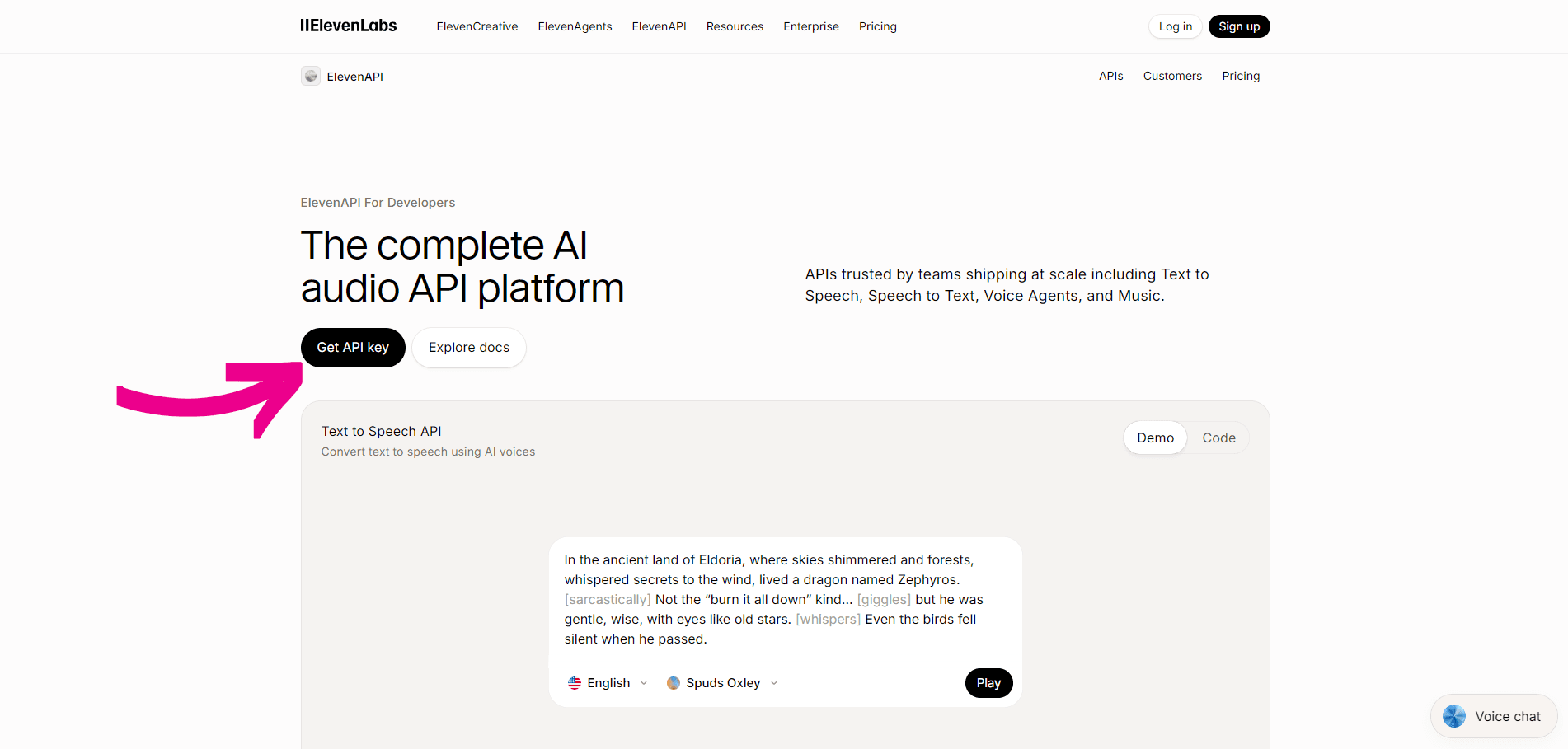 ElevenLabs ElevenAPI — click Get API key