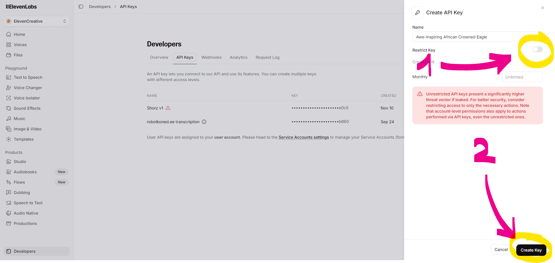 ElevenLabs Create API Key — Create Key button
