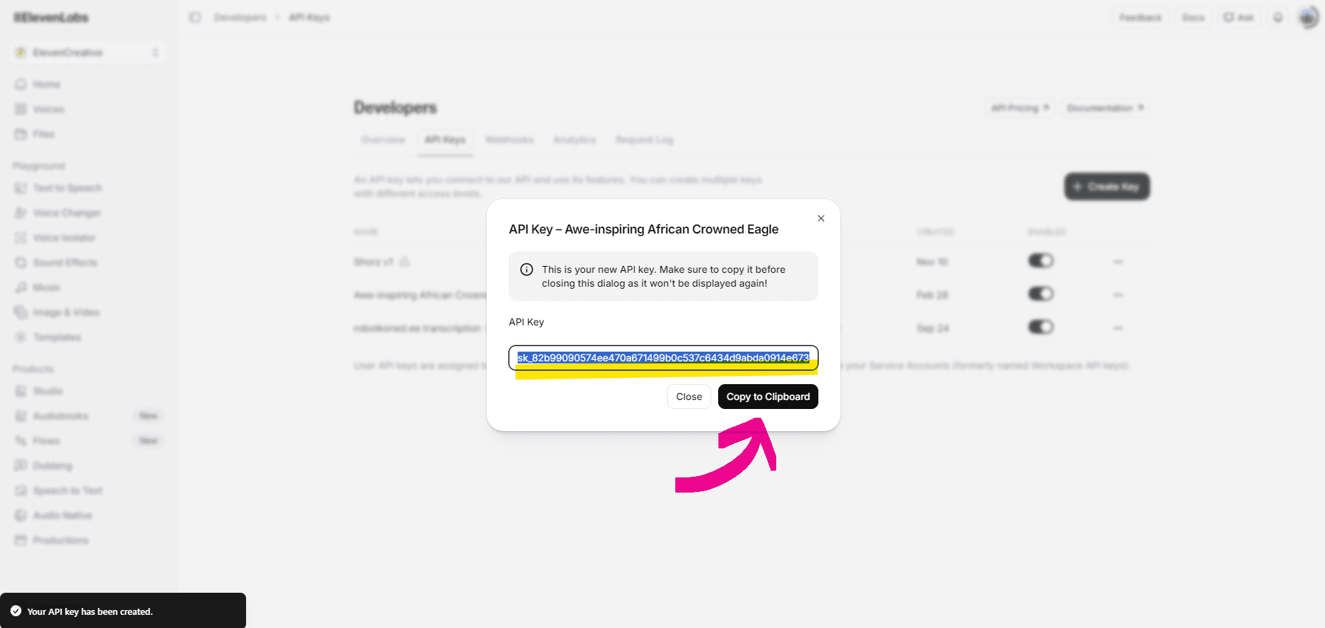 ElevenLabs API key — copy to clipboard
