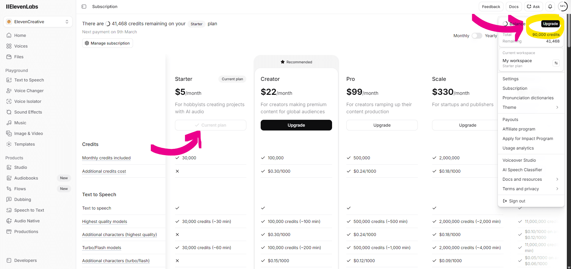 ElevenLabs Subscription — upgrade plan