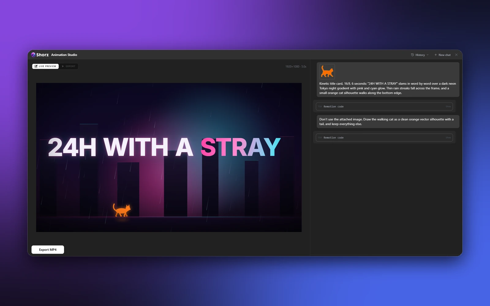 Shorz Animation Studio with a live animation preview beside the prompt chat
