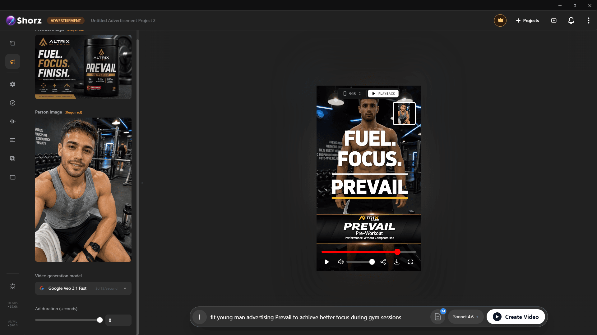 The Shorz Advertisement project with a product image, presenter image and ad brief