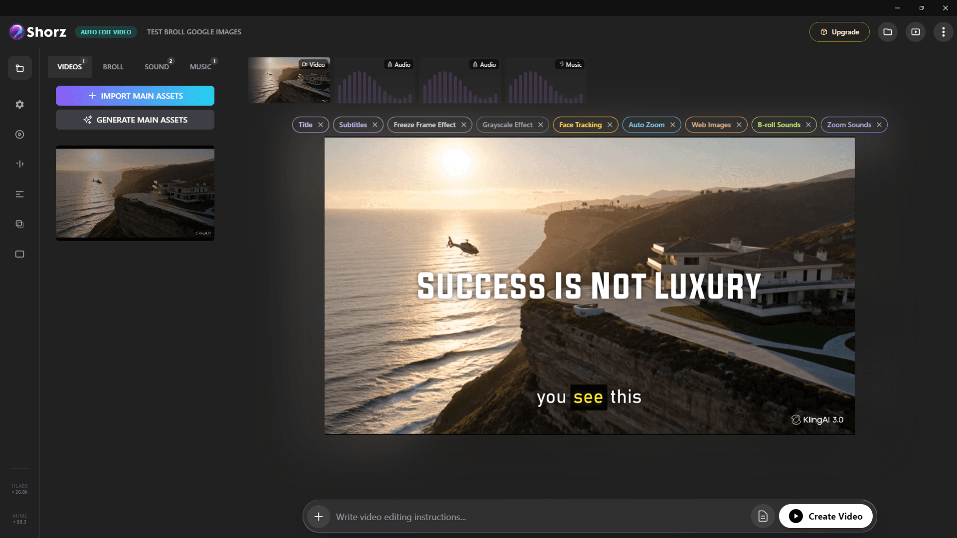 The Shorz Auto Edit project with a talking-head video, captions and B-roll on the timeline