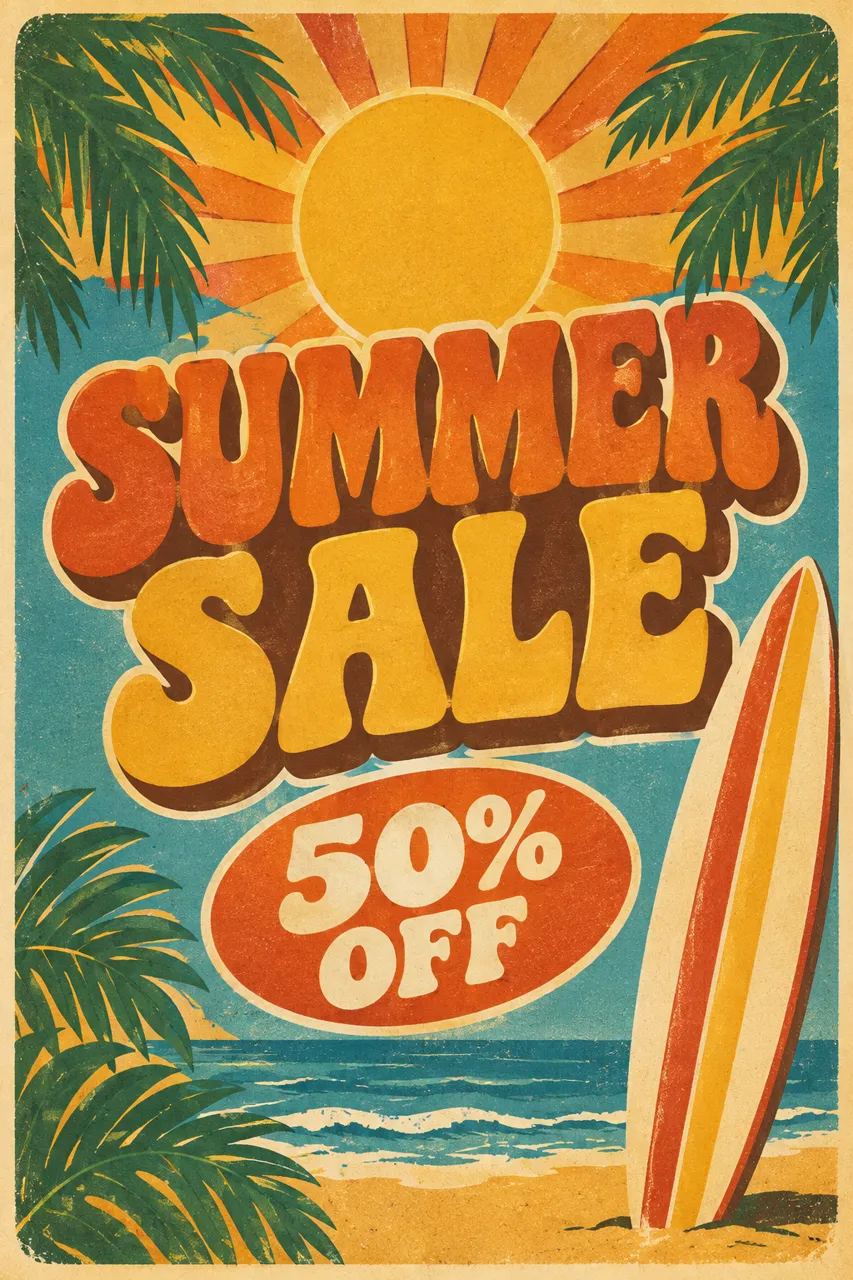 GPT Image 2.5 example: Retro summer sale poster with a sun, palm leaves and a surfboard, big headline "SUMMER SALE" and "50% OFF" below, 1970s print style.