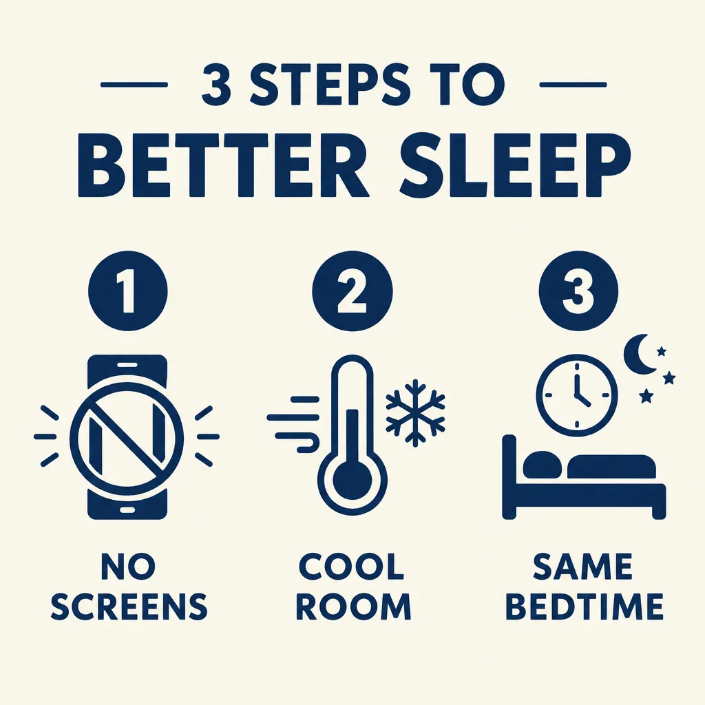 GPT Image 2.5 example: Clean minimal infographic titled "3 STEPS TO BETTER SLEEP" with three numbered icons: 1 NO SCREENS, 2 COOL ROOM, 3 SAME BEDTIME, navy and cream colors.