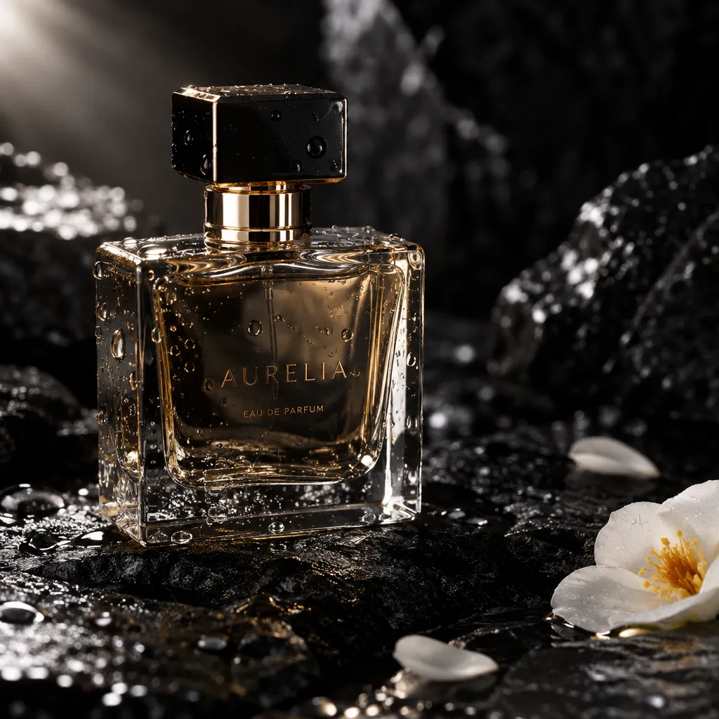 GPT Image 2.5 Sunburst example: Luxury product photo of a glass perfume bottle on wet black stone with water droplets, dramatic side light, macro detail.