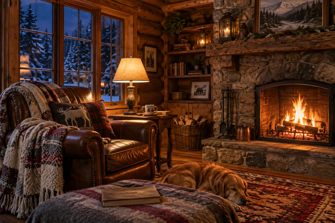 GPT Image 2.5 Sunburst example: Interior of a cozy log cabin at night, crackling fireplace, wool blankets on a leather armchair, snow visible through the window, warm lamplight.