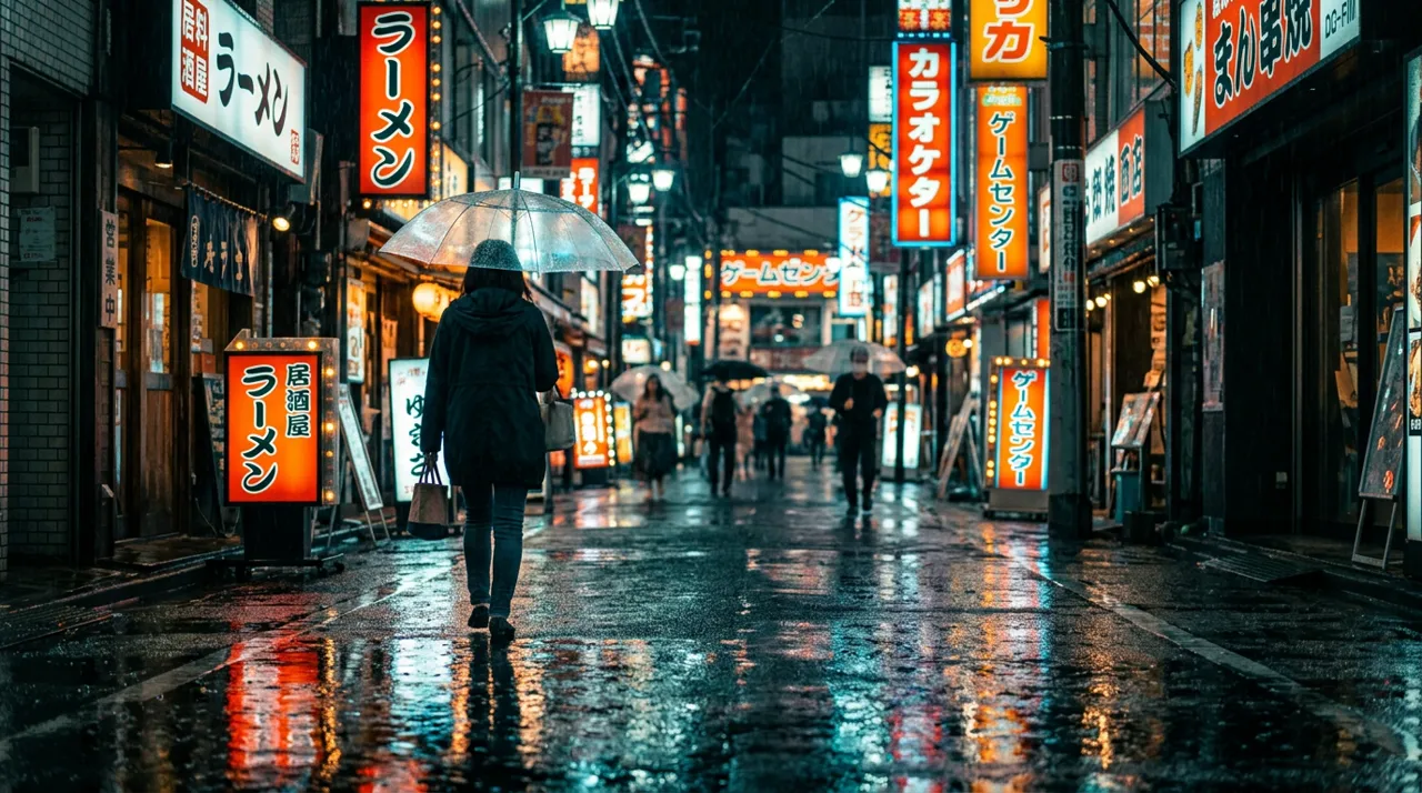 Nano Banana 2 example: A rainy night street in Tokyo with glowing neon signs reflected in puddles, a lone figure with a clear umbrella, cinematic film still.