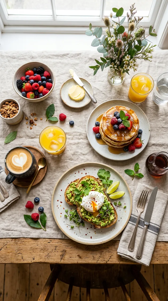 Nano Banana 2 example: Top-down flat lay of a colourful brunch table: avocado toast, berries, pancakes and coffee on a linen cloth, bright natural light, food photography.