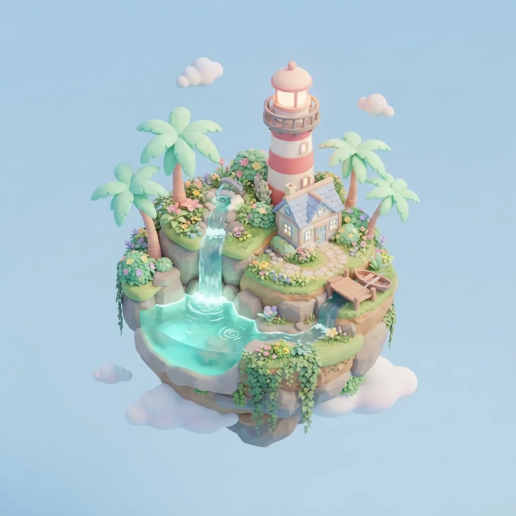 Nano Banana 2 Lite example: Isometric 3D render of a tiny floating island with a lighthouse, palm trees and a waterfall, pastel colors, clean background.