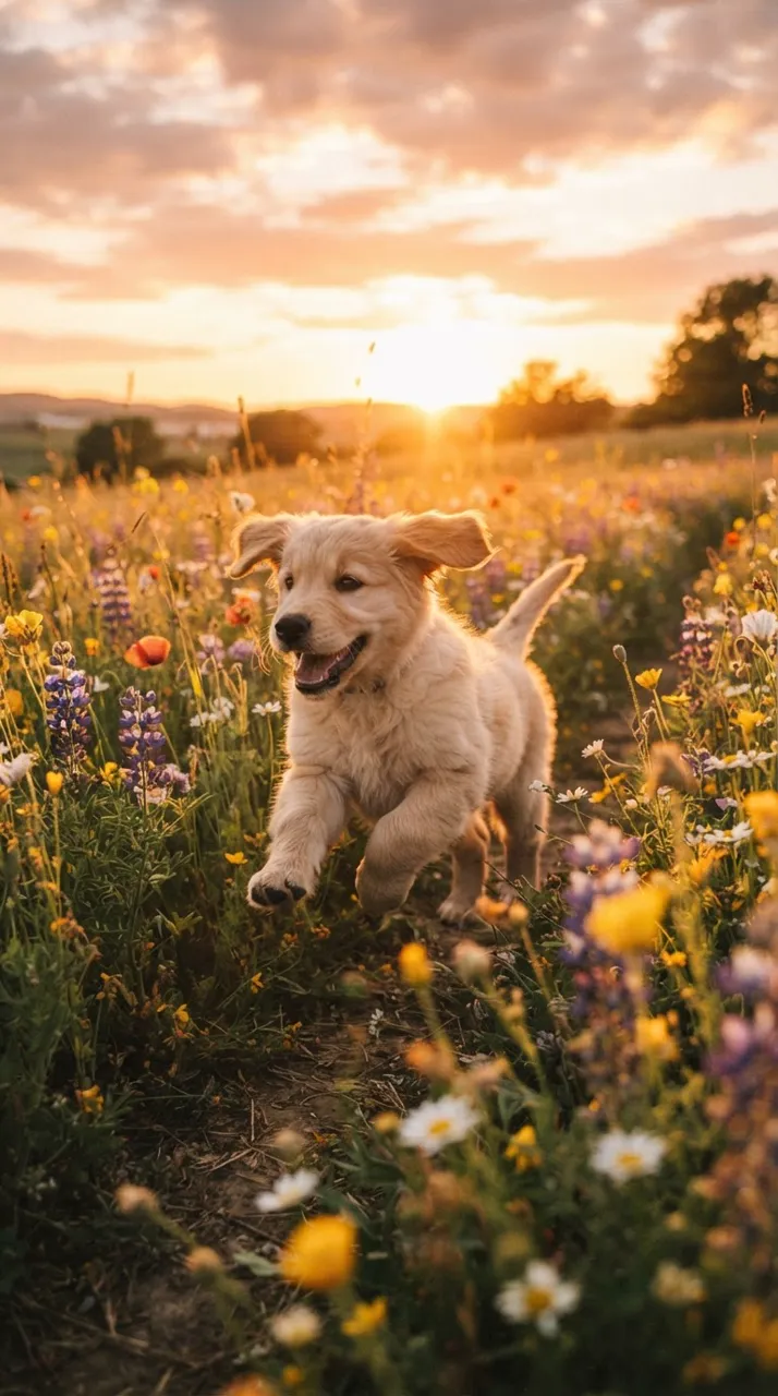 Nano Banana 2 Lite example: A golden retriever puppy running through a field of wildflowers at sunset, joyful, warm backlight.