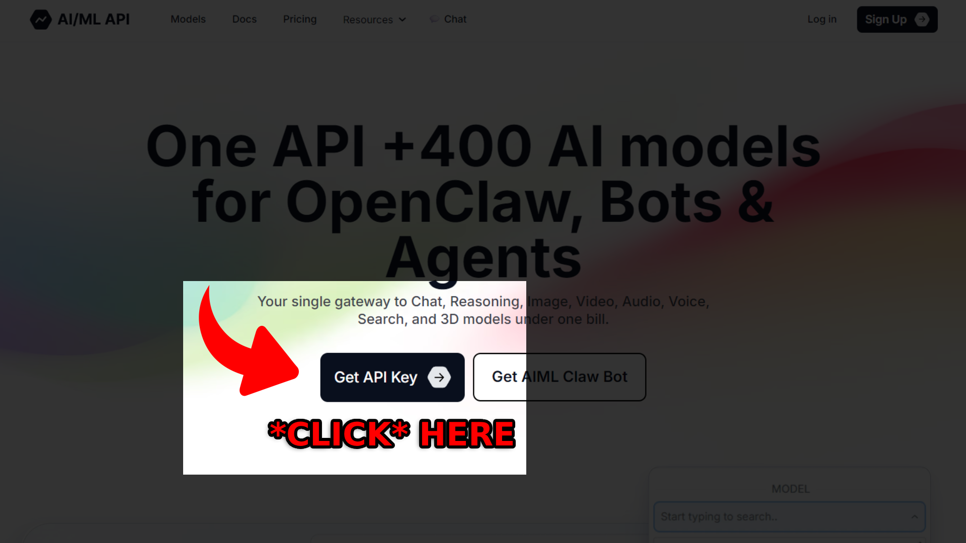 AIML API homepage — click Get API Key