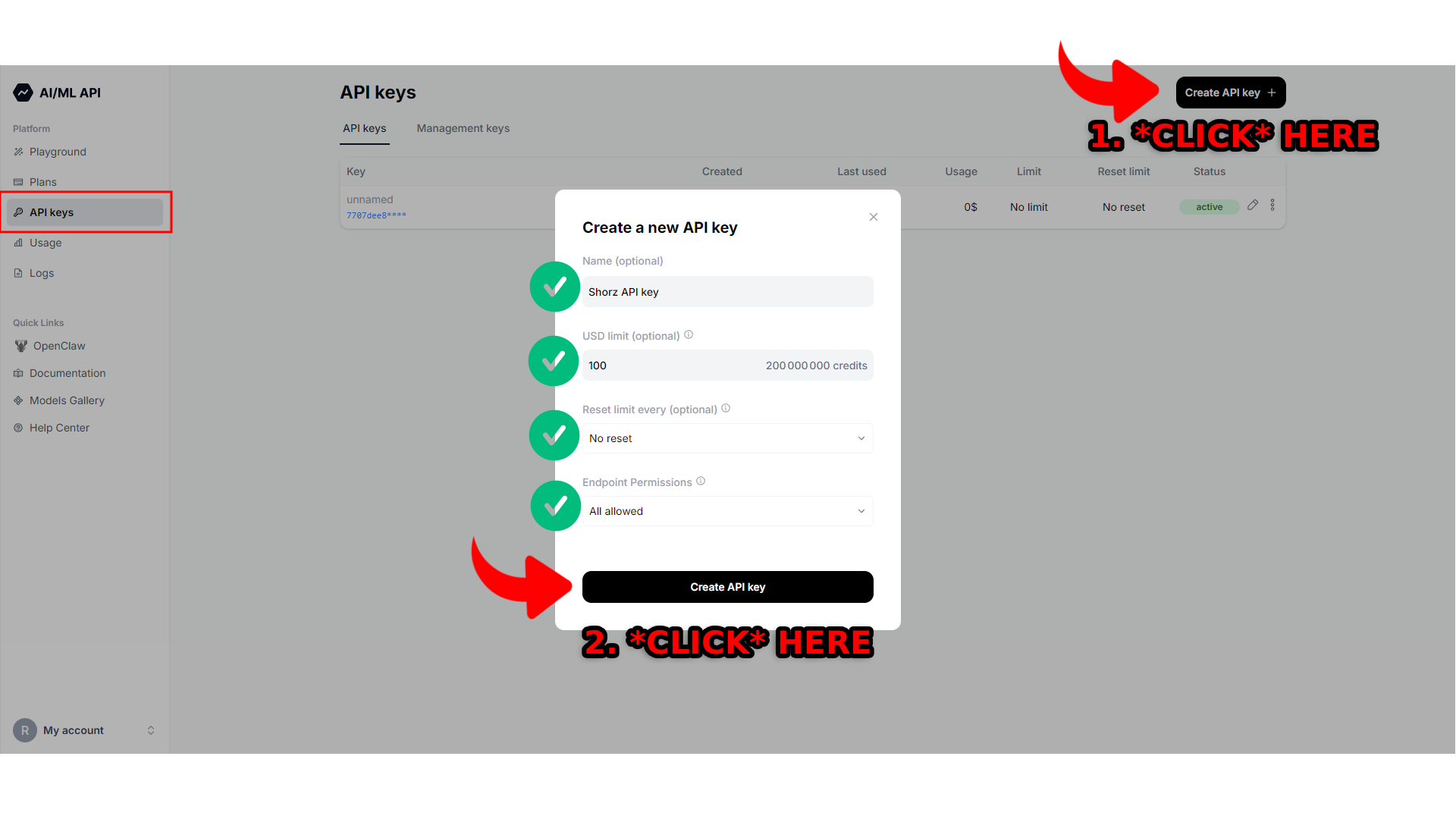 Create a new AIML API key dialog on AIML API