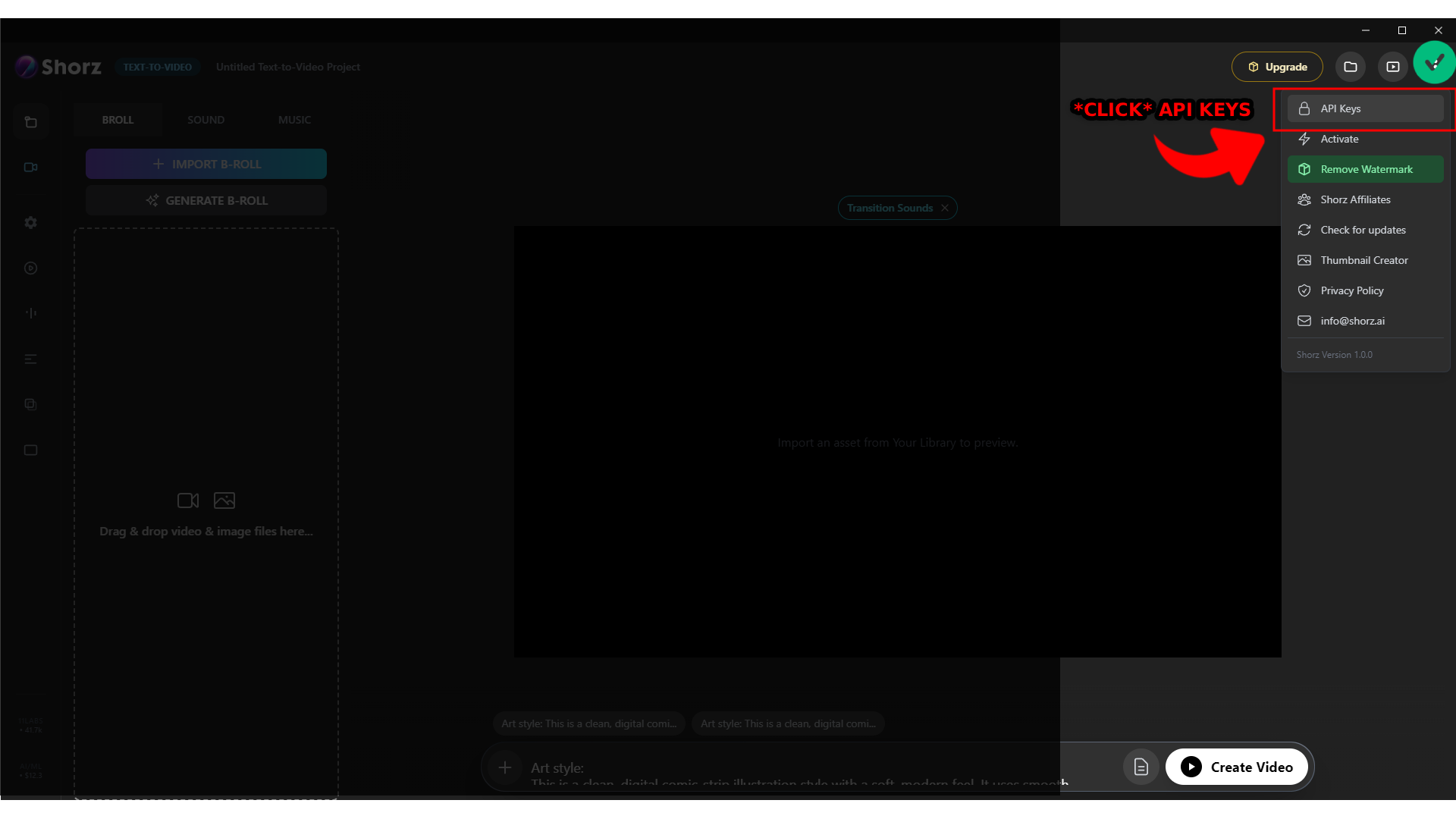Shorz menu — click API Keys (AIML)