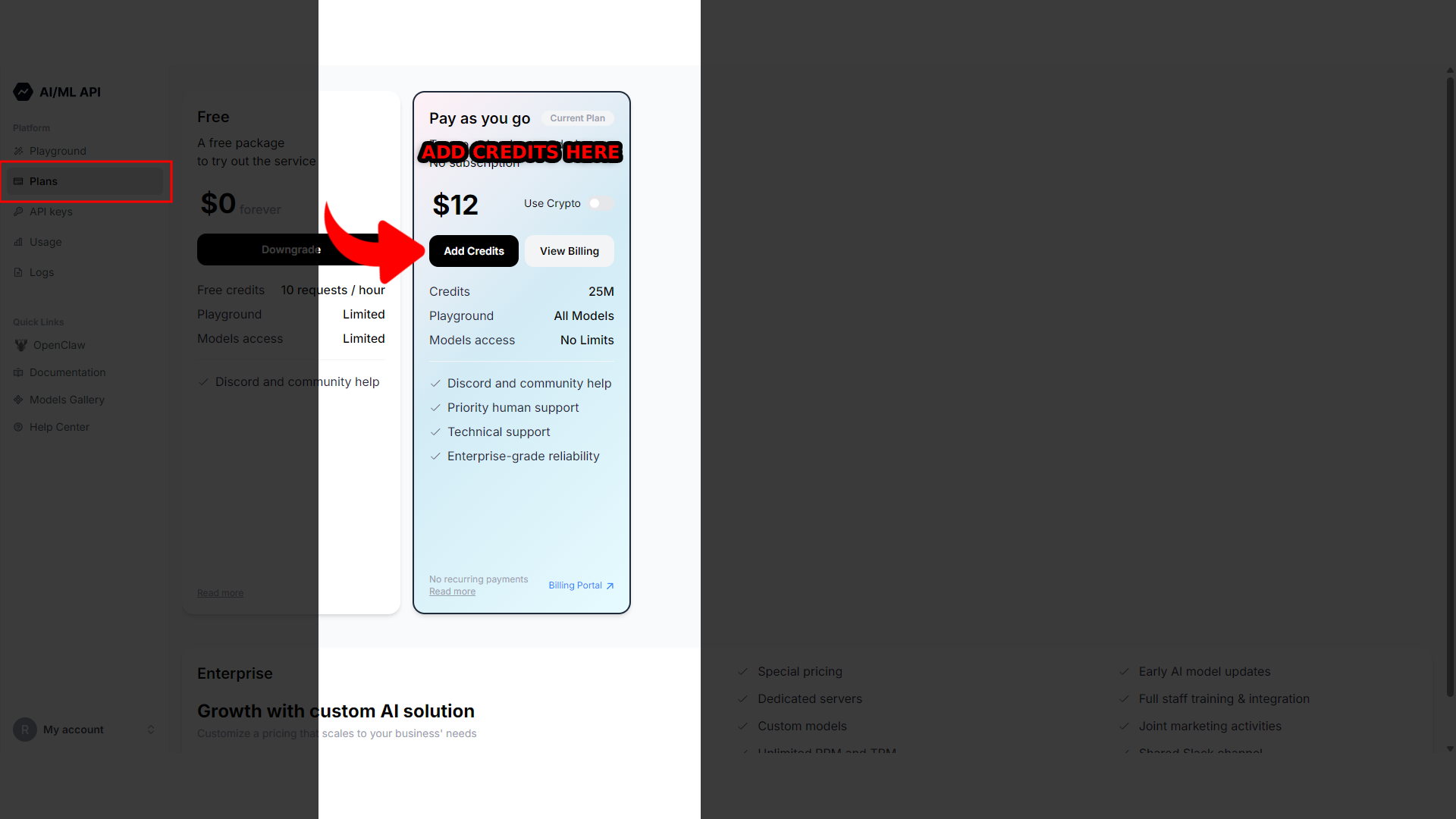 AIML API Plans — Add Credits for Pay as you go