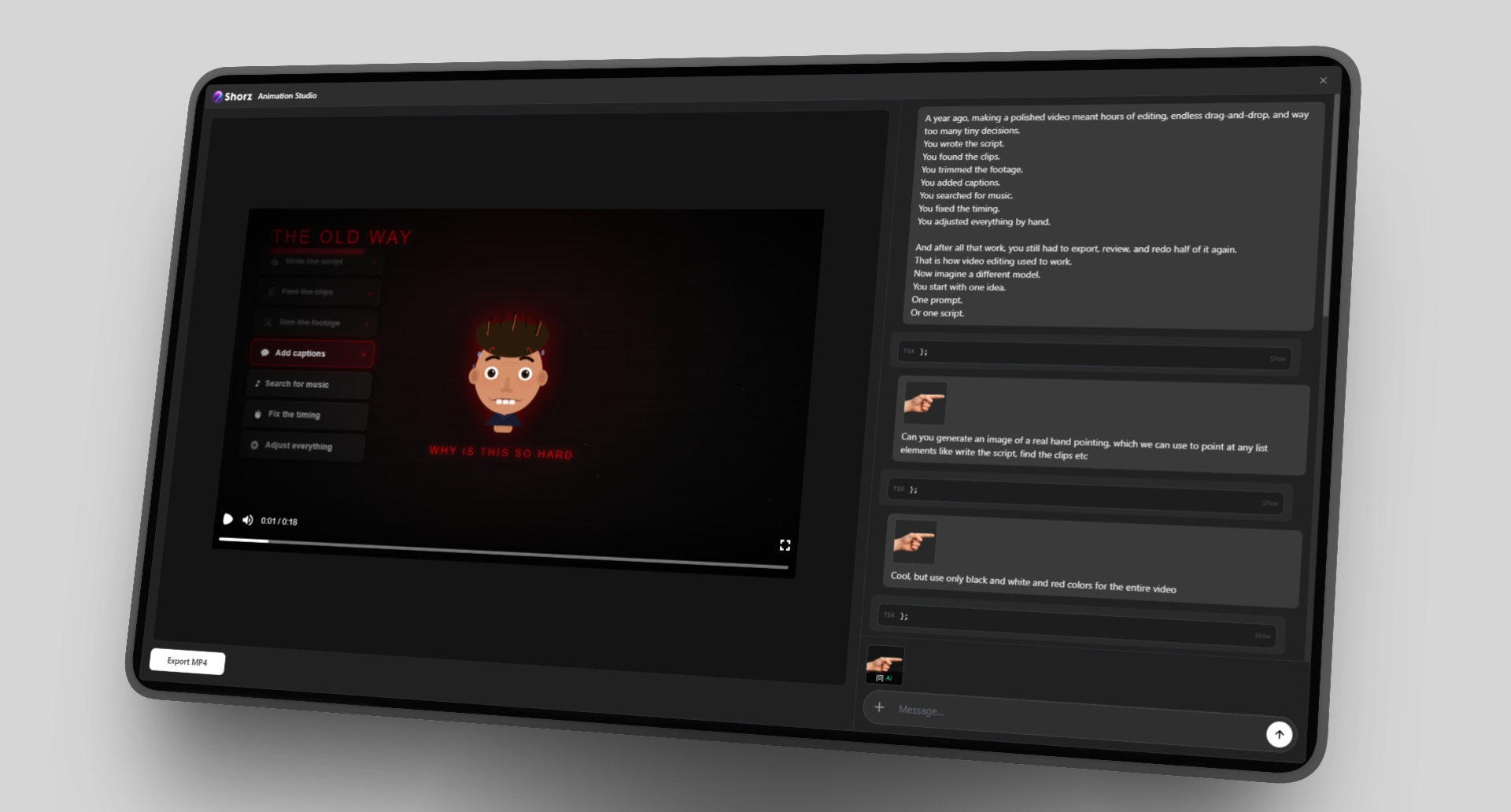 Shorz animation workspace with preview and prompt