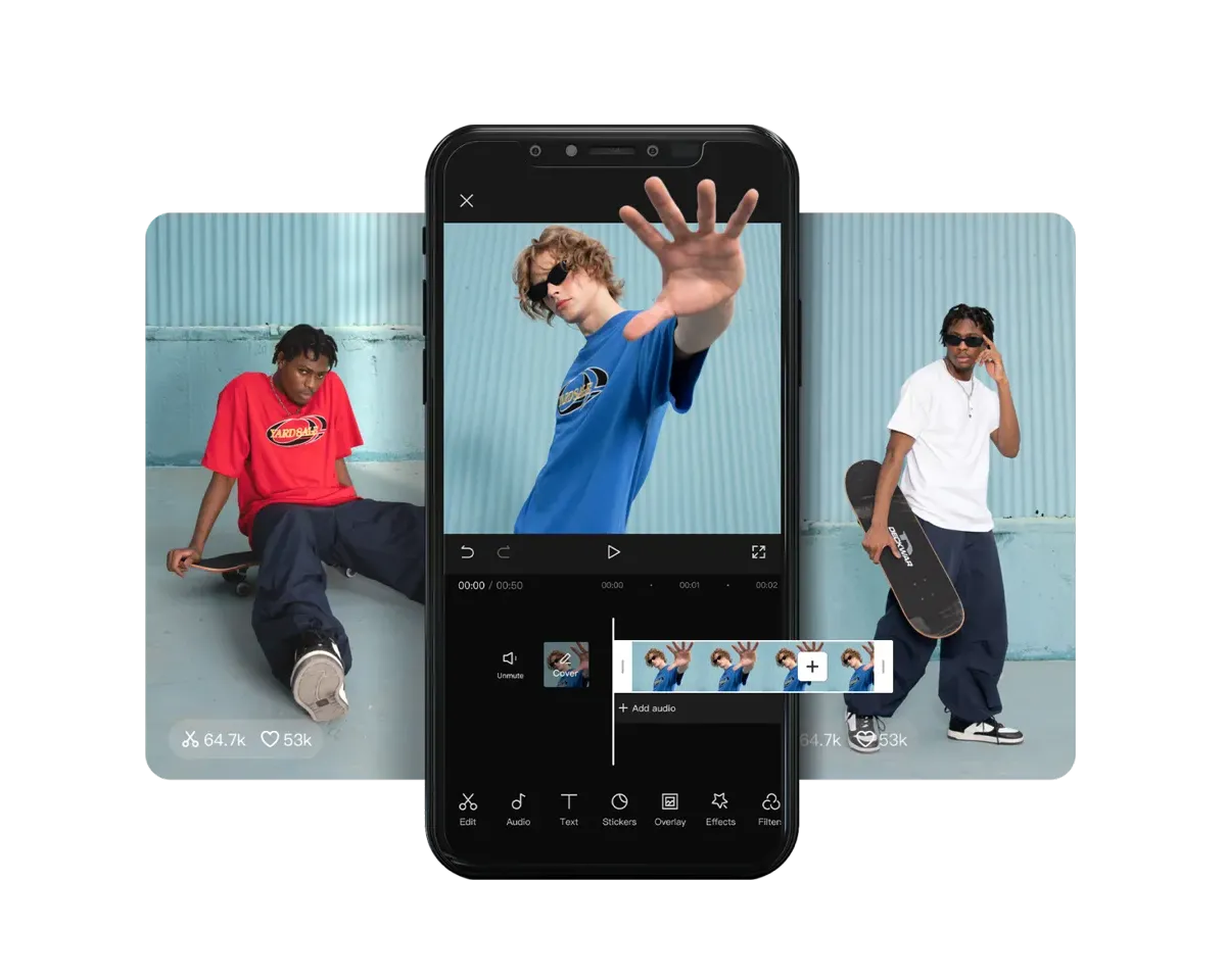 CapCut's mobile editor: a manual multi-track timeline with trim, transition and effect controls