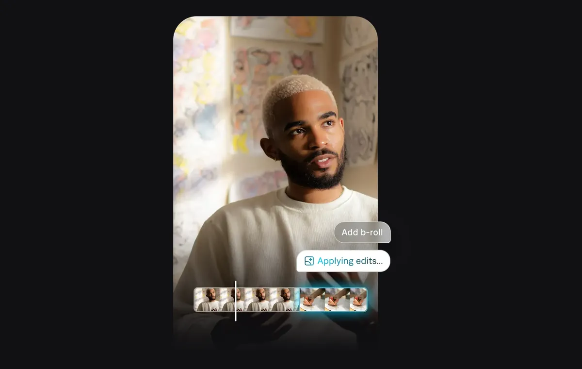 Captions' AI Edit on a talking-head clip: a prompt adds B-roll and the timeline updates