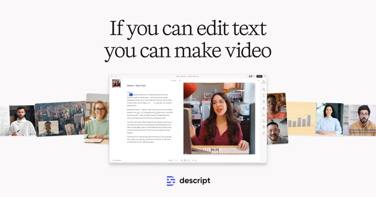 Descript's editor: the video transcript as an editable document on the left, video preview on the right