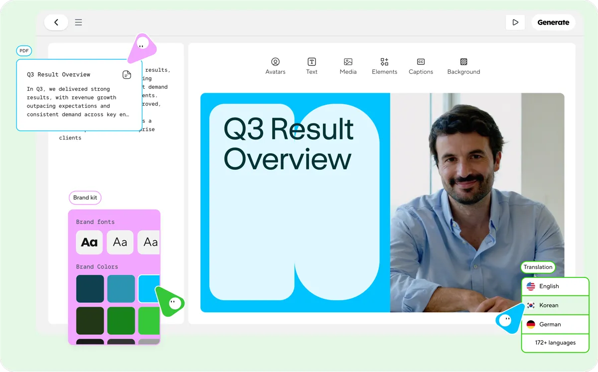 HeyGen's Avatar Studio: PDF import, brand kit, avatar, translation and caption controls around a single avatar video