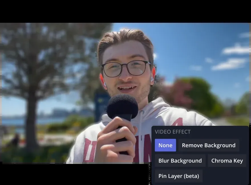 Kapwing's video effect panel: remove background, blur background, chroma key and pin layer applied in the browser editor