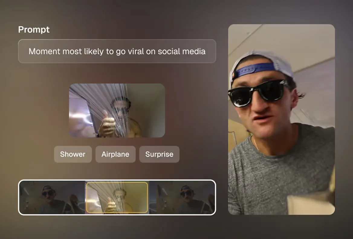 OpusClip's ClipAnything panel: a plain-language prompt picks which moment of the source video becomes a clip