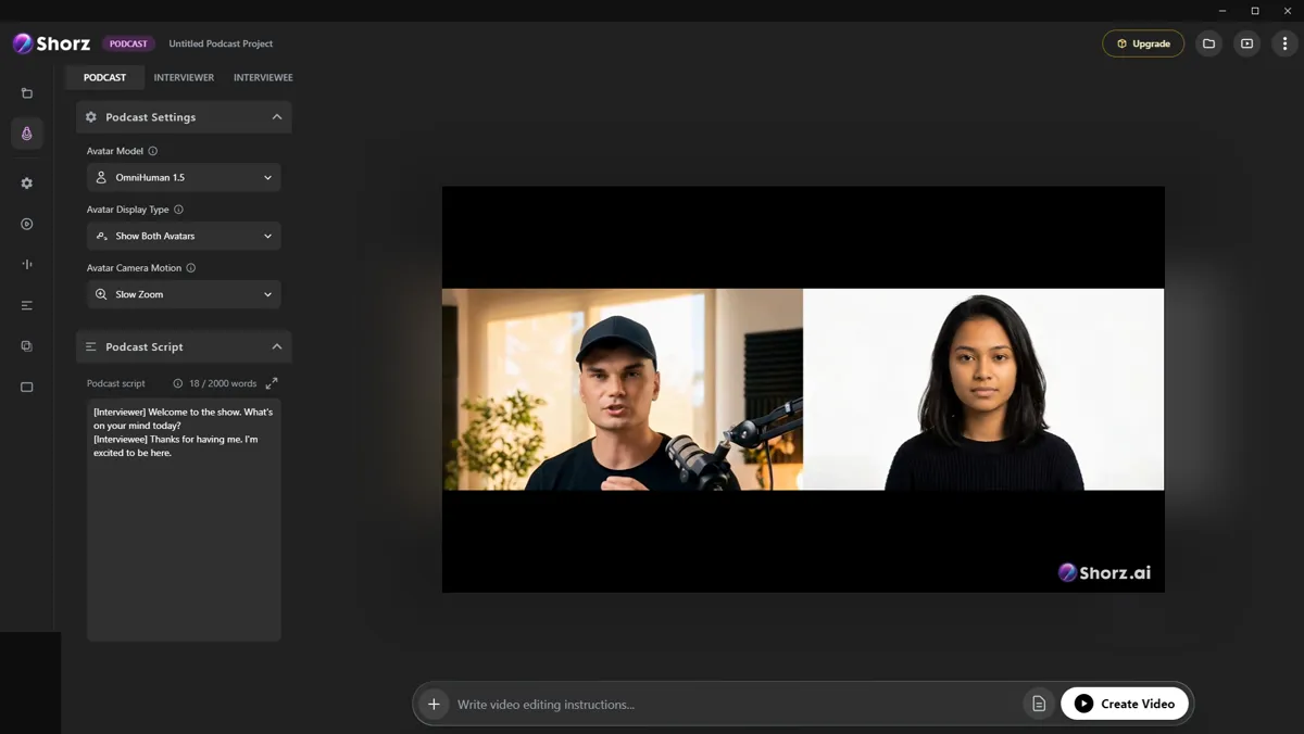 The Shorz Podcast workspace: avatar model, display type and camera motion settings on the left, a role-tagged two-speaker script below, split-screen preview of both speakers
