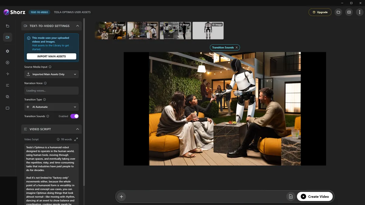 The Shorz Script to Video workspace: narration voice, transition type and the video script on the left, generated scenes across the top, live preview centre