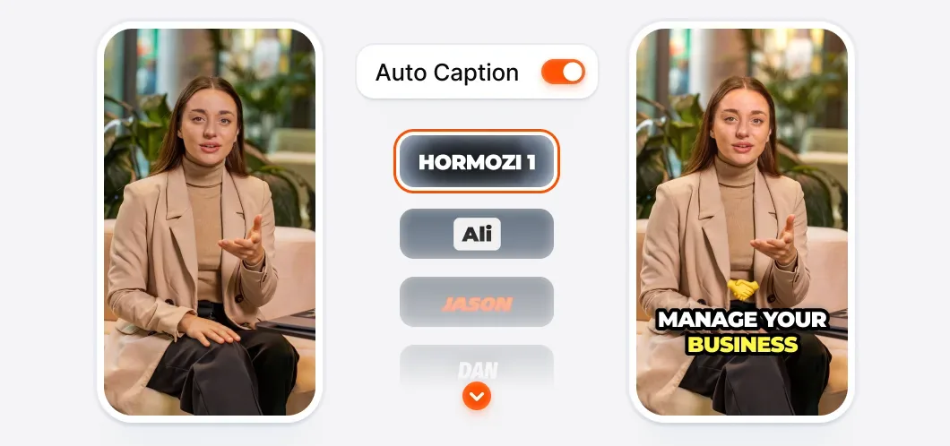 Submagic's caption picker: toggle Auto Caption and choose an animated style such as Hormozi, Ali or Jason