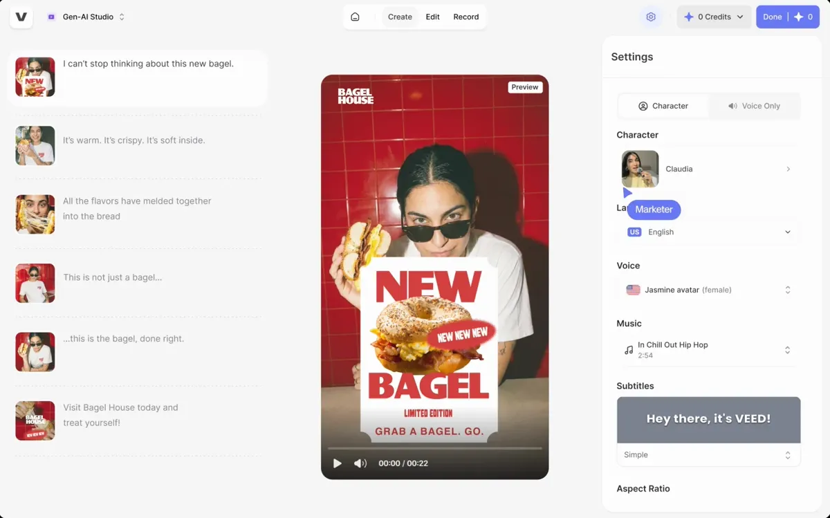 VEED's Gen-AI Studio: avatar, brand kit, voice, music and subtitle controls in one browser-based panel