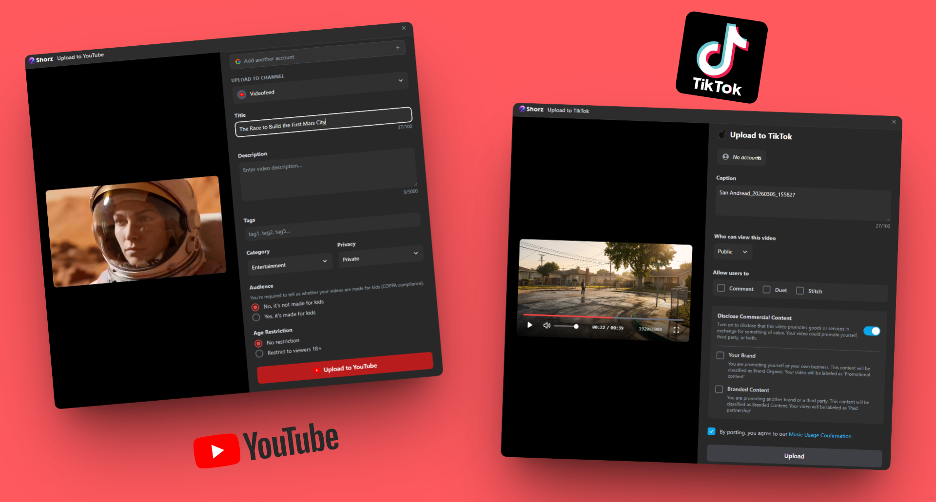Shorz publish and upload settings